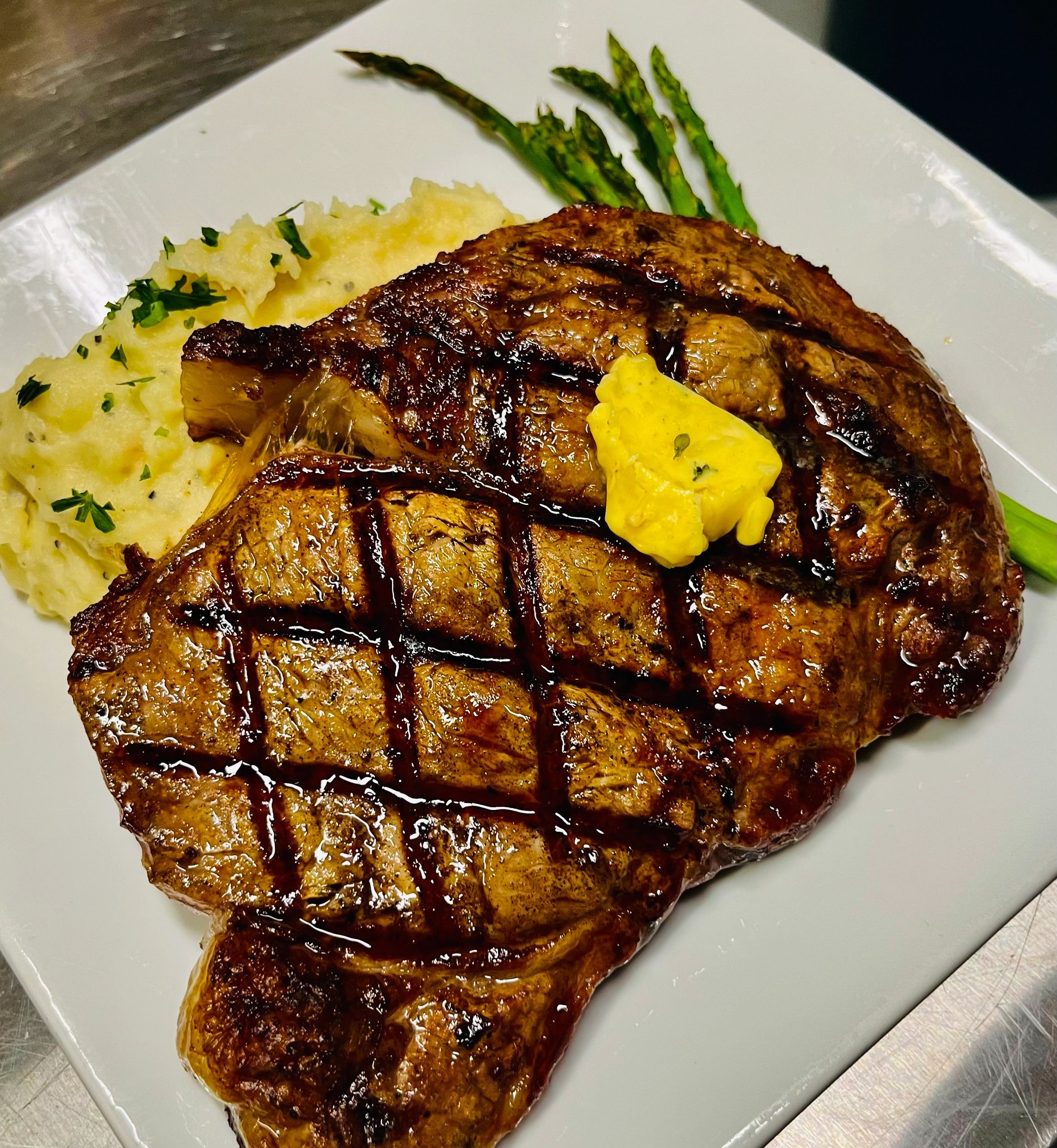 Redwood Palace Ribeye steak with mashed potatoes