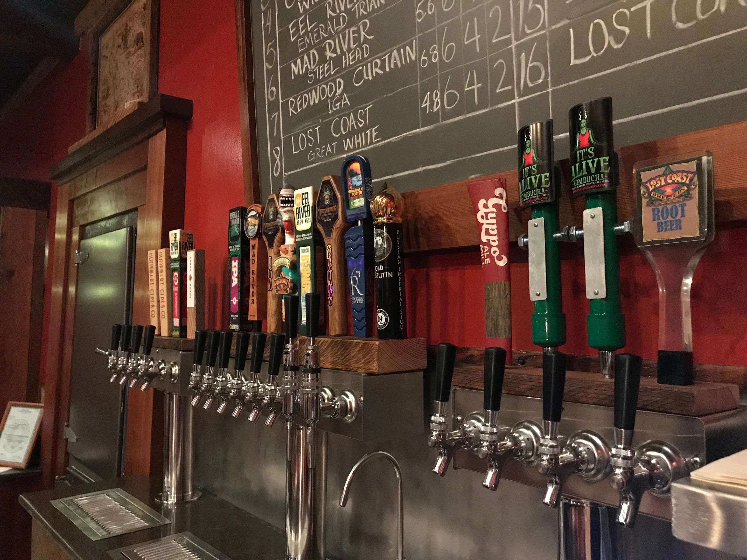 Beer tap wall featuring Eel River, Emerald, Mad River, Lost Coast and more